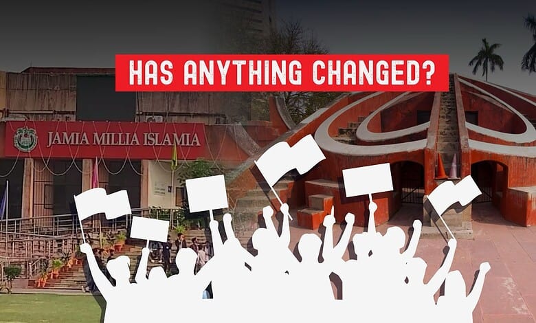 Protest outside Jamia Millia Islamia with a question 'Has Anything Changed?'.