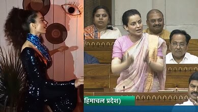Kangana Ranaut speaking in a parliamentary session, wearing a pink saree and gesturing with her hands.