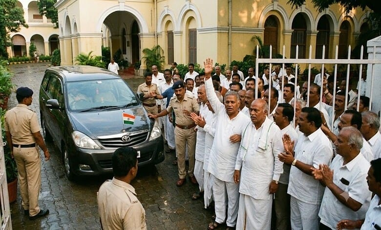 Karnataka Congress leaders and supporters gather around a vehicle during a political event.
