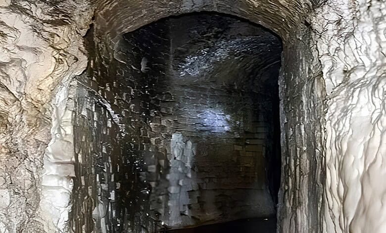 Ancient tunnel or cave entrance with stone walls and dark interior, possibly part of Mughal-era site.
