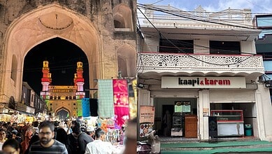 Vibrant scene near Hyderabad's Charminar with a mehfil venue and bustling market.