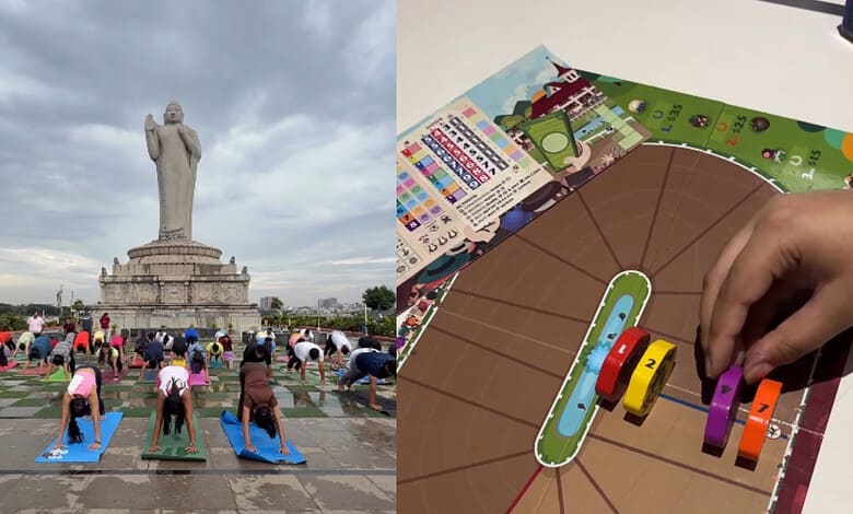 People practicing yoga outdoors near the Statue of Unity in India.