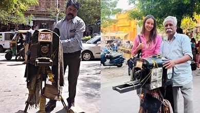 Bollywood stars and locals admire a 150-year-old camera in Jaipur.