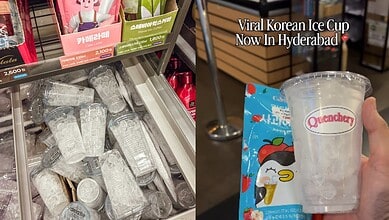 Viral Korean ice cup in Hyderabad, with a Quenchers branded drink and ice cubes.