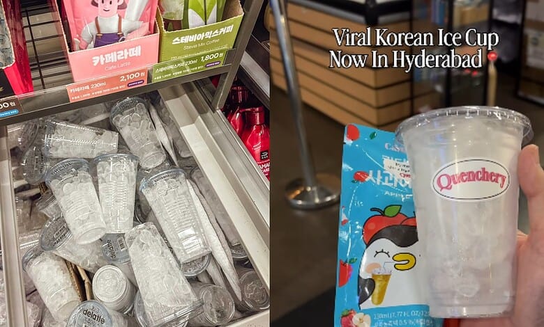 Viral Korean ice cup in Hyderabad, with a Quenchers branded drink and ice cubes.