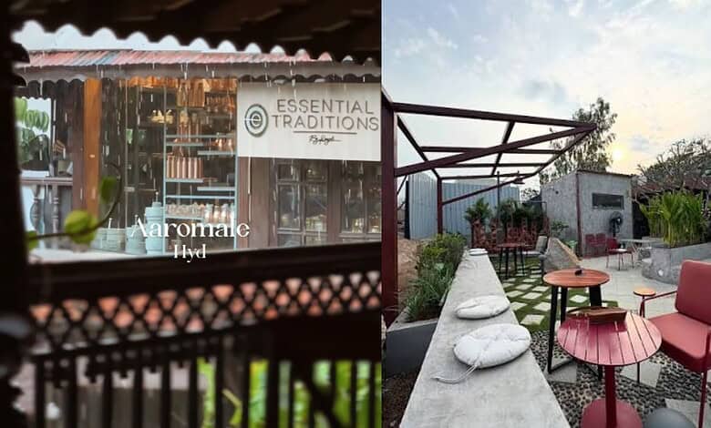 Rooftop cafe in Hyderabad with seating area and greenery during monsoon.