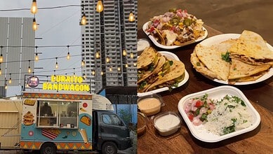 Food and a food truck at Khajaguda, Hyderabad, featuring Chicken 65 quesadilla and traditional dishes.