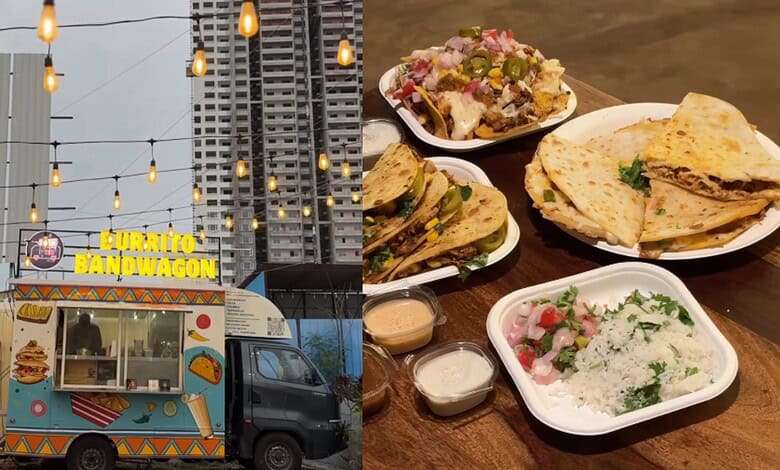 Food and a food truck at Khajaguda, Hyderabad, featuring Chicken 65 quesadilla and traditional dishes.