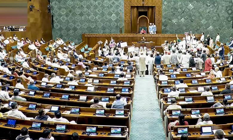 Lok Sabha session disrupted amid opposition protests, second adjournment called.