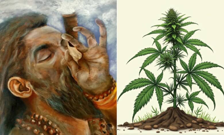 Sadhu with long beard and traditional attire near growing cannabis plants in Mulugu ashram.