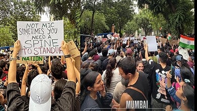 Protest at Mumbai's Shivaji Park with crowd holding signs and Indian flags.
