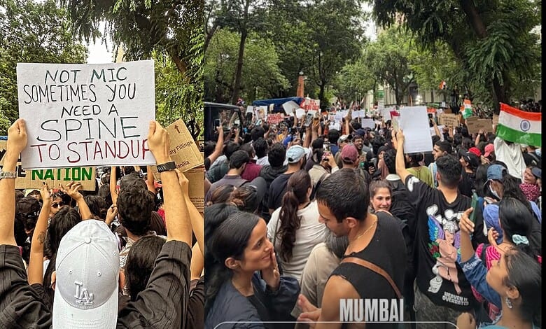 Protest at Mumbai's Shivaji Park with crowd holding signs and Indian flags.