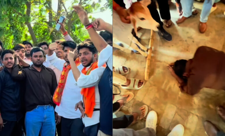 Muslim man forced to kneel before a cow