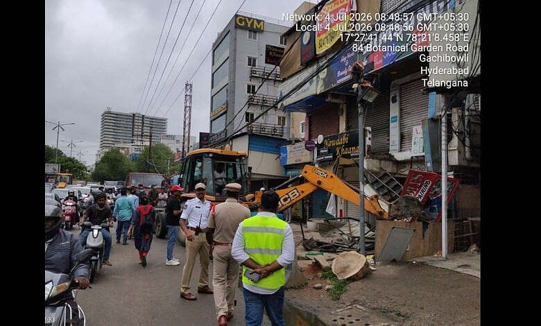Encroachment removal at Botanical Gardens in Hyderabad during anti-encroachment drive.