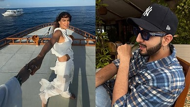 Nia Sharma and Sikander Singh enjoying a day out, with Nia on a boat and Sikander relaxing at a cafe.