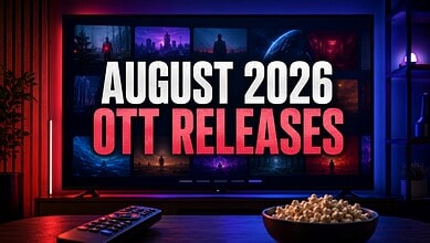 August 2026 OTT releases poster with cityscape and space themes.