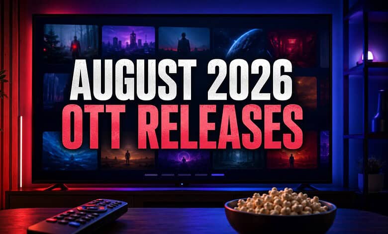 August 2026 OTT releases poster with cityscape and space themes.