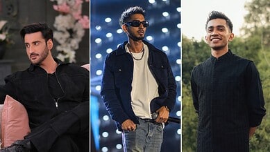 Three Pakistani male celebrities in stylish outfits outdoors and on stage.