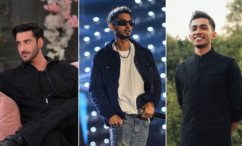 Three Pakistani male celebrities in stylish outfits outdoors and on stage.