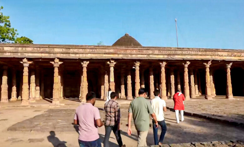 People visit the Bhojshala complex following the Madhya Pradesh High Court verdict declaring the site a Hindu temple dedicated to Goddess Vagdevi