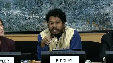 Protest organiser P. Doley speaking at a press conference about Assam activists' detention.