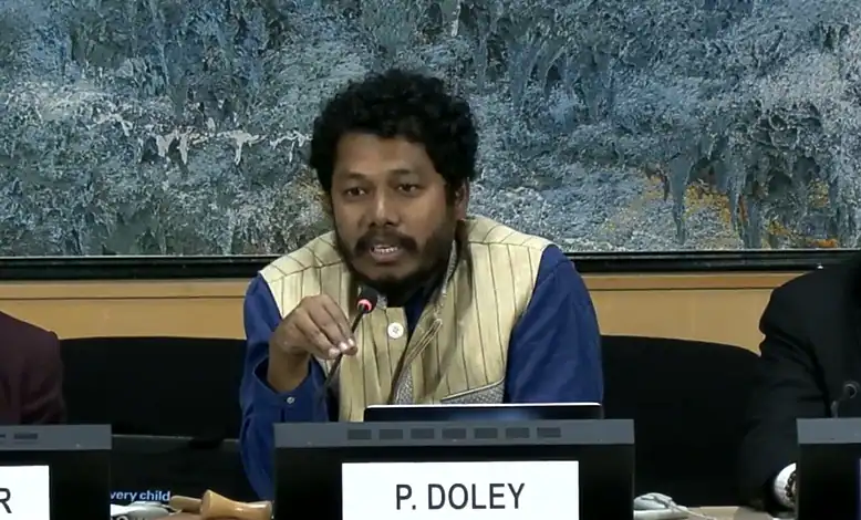 Protest organiser P. Doley speaking at a press conference about Assam activists' detention.