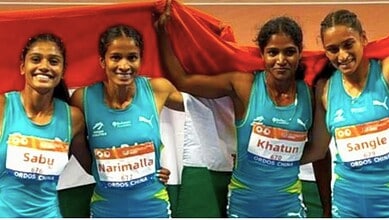Telangana's Pravallika Narimalla and teammates celebrate Asian U23 relay gold.