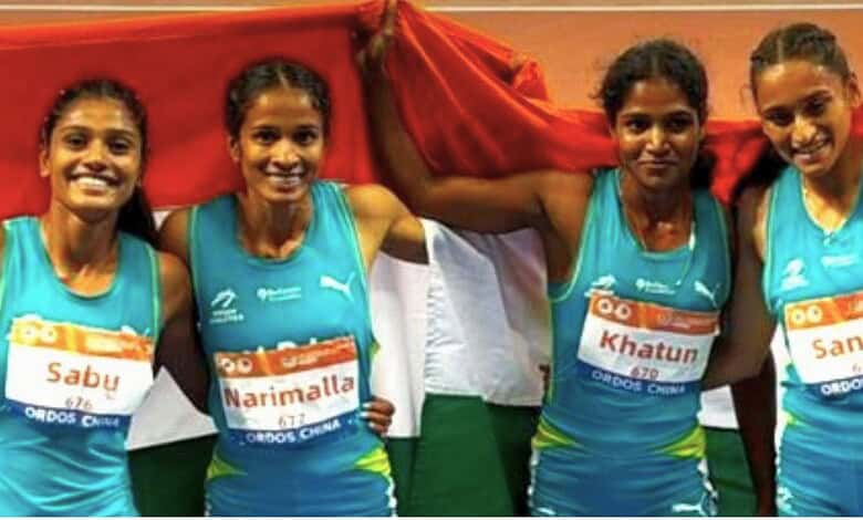 Telangana's Pravallika Narimalla and teammates celebrate Asian U23 relay gold.
