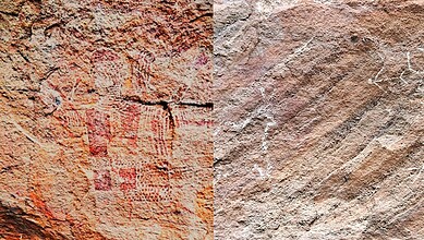 The images show prehistoric rock art found in Mulugu district by members of PRIHAH.