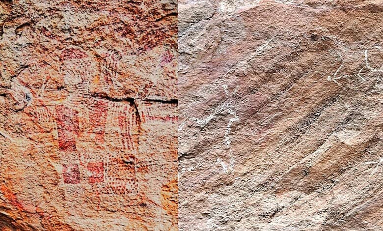 The images show prehistoric rock art found in Mulugu district by members of PRIHAH.