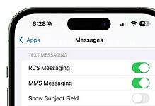 IPhone screen showing RCS Messaging and MMS Messaging toggles in settings.