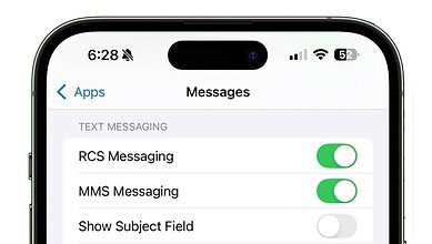 IPhone screen showing RCS Messaging and MMS Messaging toggles in settings.