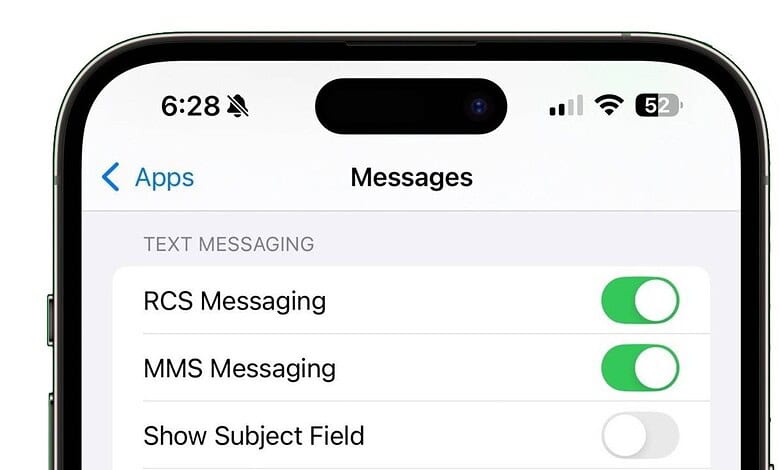 IPhone screen showing RCS Messaging and MMS Messaging toggles in settings.