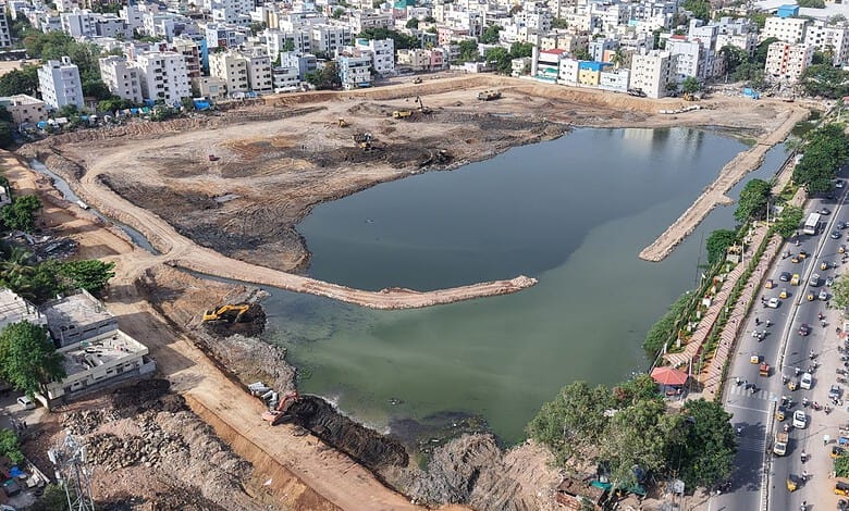HYDRAA protects public utility land in Chengicherla and removes encroachments from Ramanthapur Pedda Cheruvu on Tuesday, July 14, 2026.