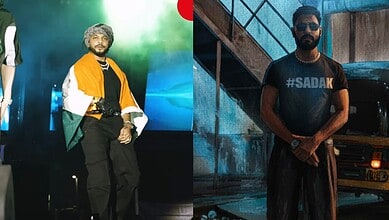 Raftaar and Emiway Bantai join students protest, performing on stage and standing near a vehicle.