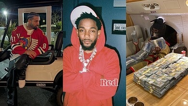 Hip-Hop artist showcasing jewelry and a large stack of cash in a private jet setting.
