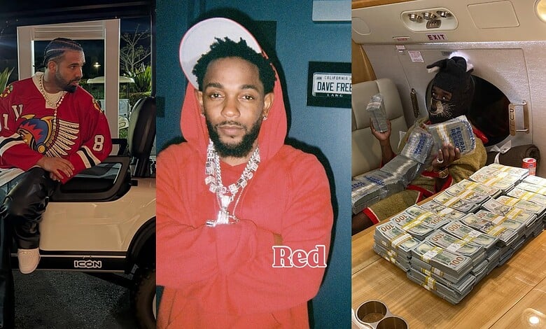 Hip-Hop artist showcasing jewelry and a large stack of cash in a private jet setting.