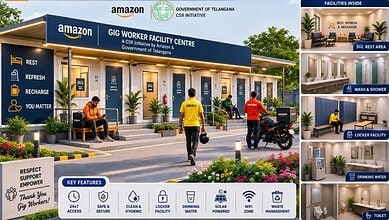 Amazon gig worker facility centre in Telangana with rest cabins and amenities for workers.