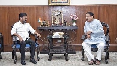 The image shows Telangana CM A Revanth Reddy meeting Union Minister for Road Transport and Highways Nitin Gadkari in New Delhi on Monday, July 14, 2026.