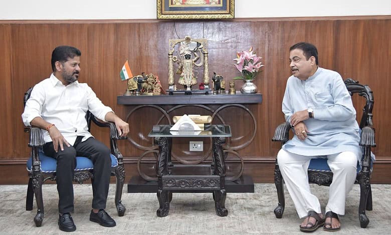 The image shows Telangana CM A Revanth Reddy meeting Union Minister for Road Transport and Highways Nitin Gadkari in New Delhi on Monday, July 14, 2026.