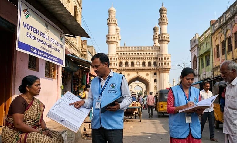 Election officials and voters engaging in voter roll revision near Charminar in Hyderabad.