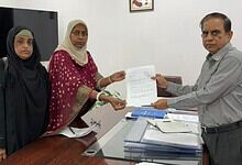 The image shows Social activist Dr Lubna Sarwath submitting a representation to Telangana Chief Electoral Officer C Sudarshan Reddy on the voters having EPIC cards but not on electoral rolls, on Friday, July 2, 2026.