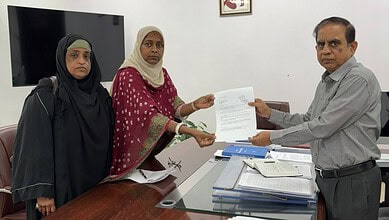 The image shows Social activist Dr Lubna Sarwath submitting a representation to Telangana Chief Electoral Officer C Sudarshan Reddy on the voters having EPIC cards but not on electoral rolls, on Friday, July 2, 2026.