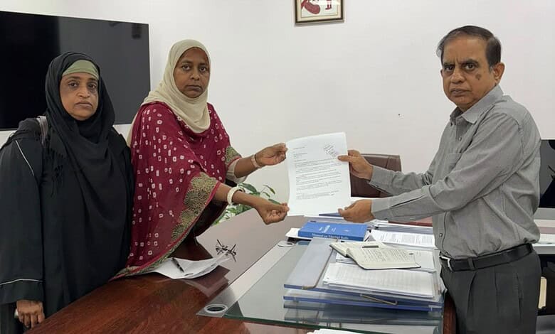 The image shows Social activist Dr Lubna Sarwath submitting a representation to Telangana Chief Electoral Officer C Sudarshan Reddy on the voters having EPIC cards but not on electoral rolls, on Friday, July 2, 2026.