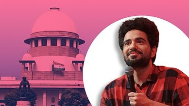 Supreme Court building with a portrait of Samay Raina in the foreground.