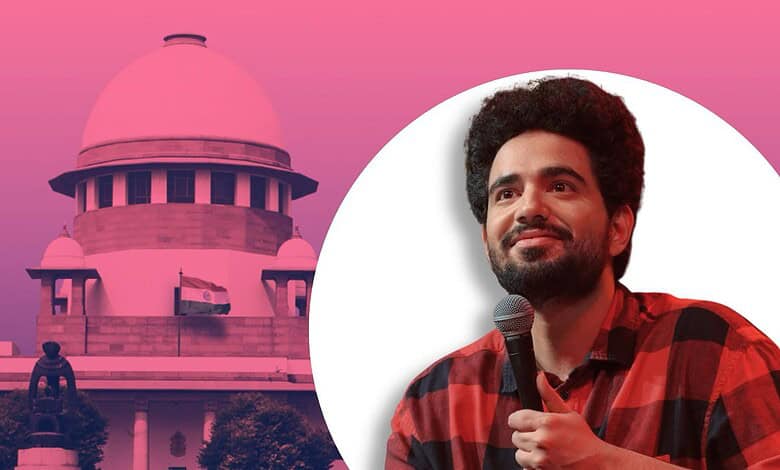 Supreme Court building with a portrait of Samay Raina in the foreground.