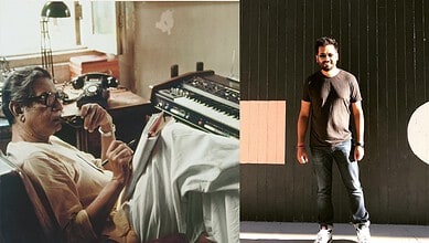 Photograph of a woman in a studio with musical equipment and a man standing outdoors against a black wall.