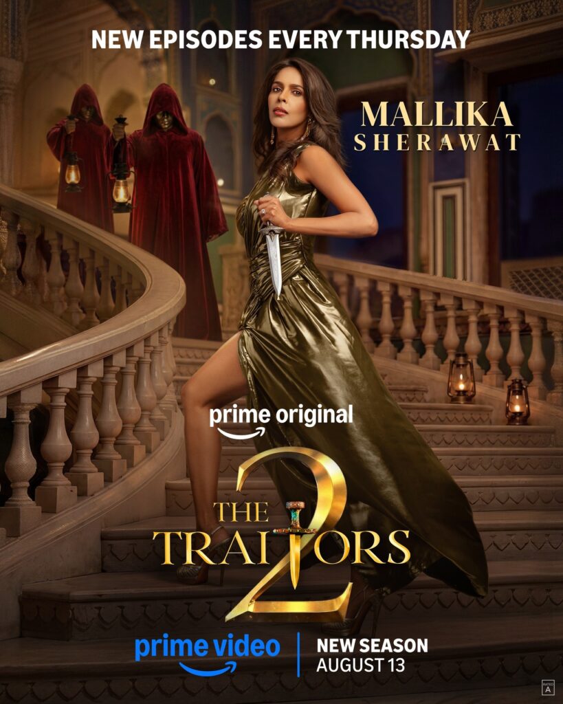 Mallika Sherawat in a gold dress on staircase for The Traitors 2 promotional poster.