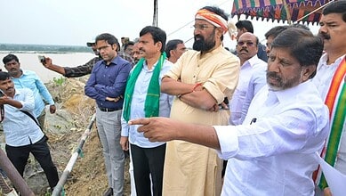 Telangana officials inspect Sitarama lift irrigation project site with local leaders.