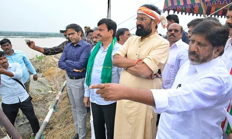 Telangana officials inspect Sitarama lift irrigation project site with local leaders.